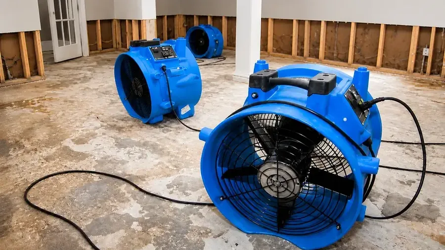 Air movers drying a water-damaged floor inside a home