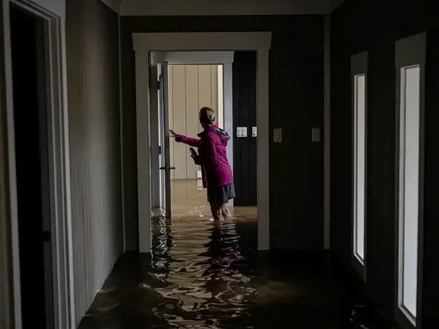 Person standing in floodwater filling a long residential corridor