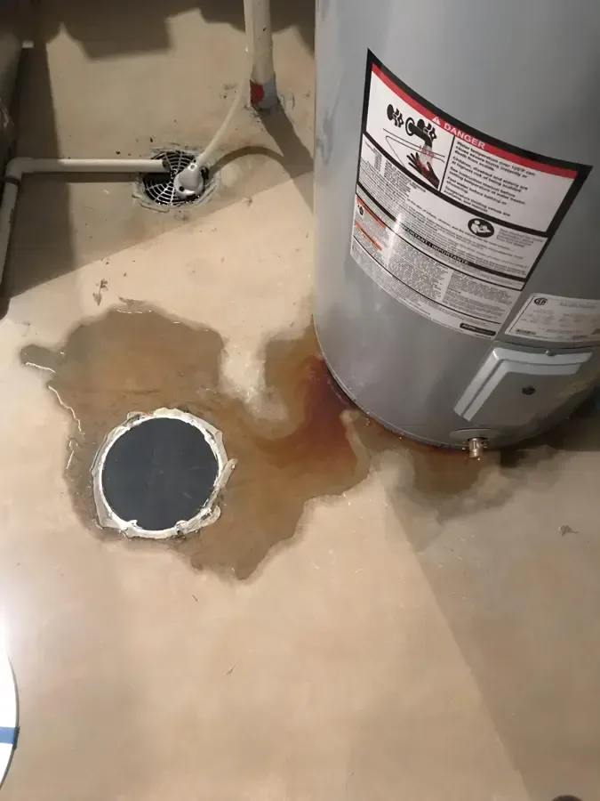 Water spreading from a heater toward an uncovered floor drain