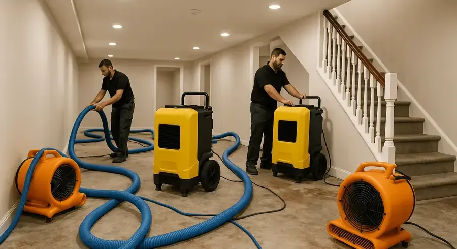 Two restoration technicians extracting a flooded carpet beside drying equipment