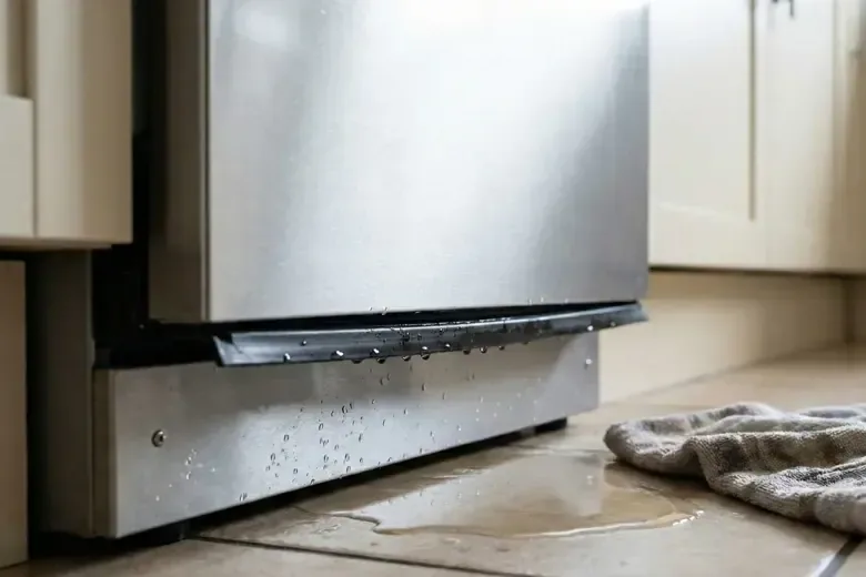 Water dripping beneath a dishwasher onto tile beside a towel