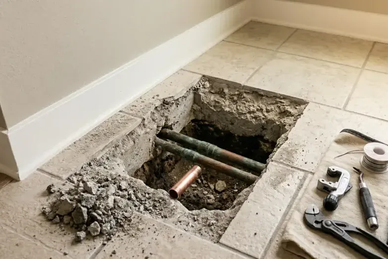 Tile floor and concrete slab opened around a copper supply pipe