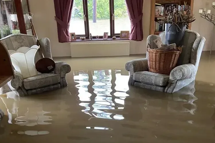 Floodwater across a living room floor around upholstered chairs