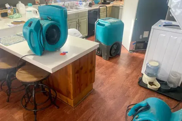 Air movers and a dehumidifier arranged in a kitchen