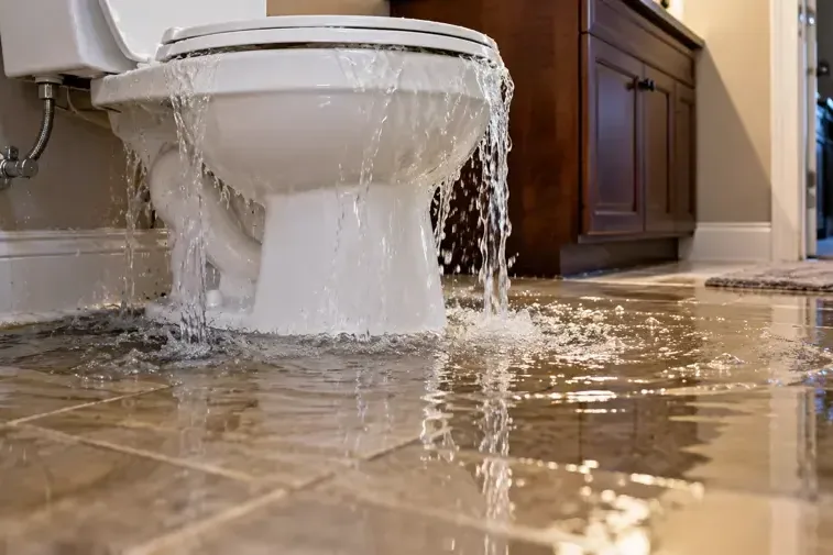 Toilet overflowing onto a tiled bathroom floor