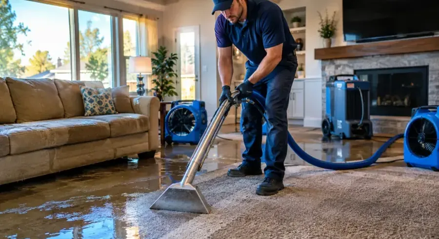 Technician extracting water from a soaked living room rug