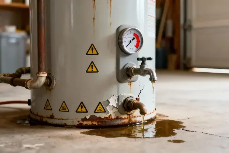 Rusted water heater with water pooled across a garage floor